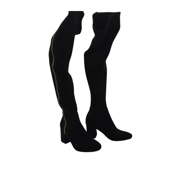 ShoeDazzle Nevaeh Black Over Knee Boots Gold Zip Modern Fall Chic 6 Retro Mod - Picture 2 of 11